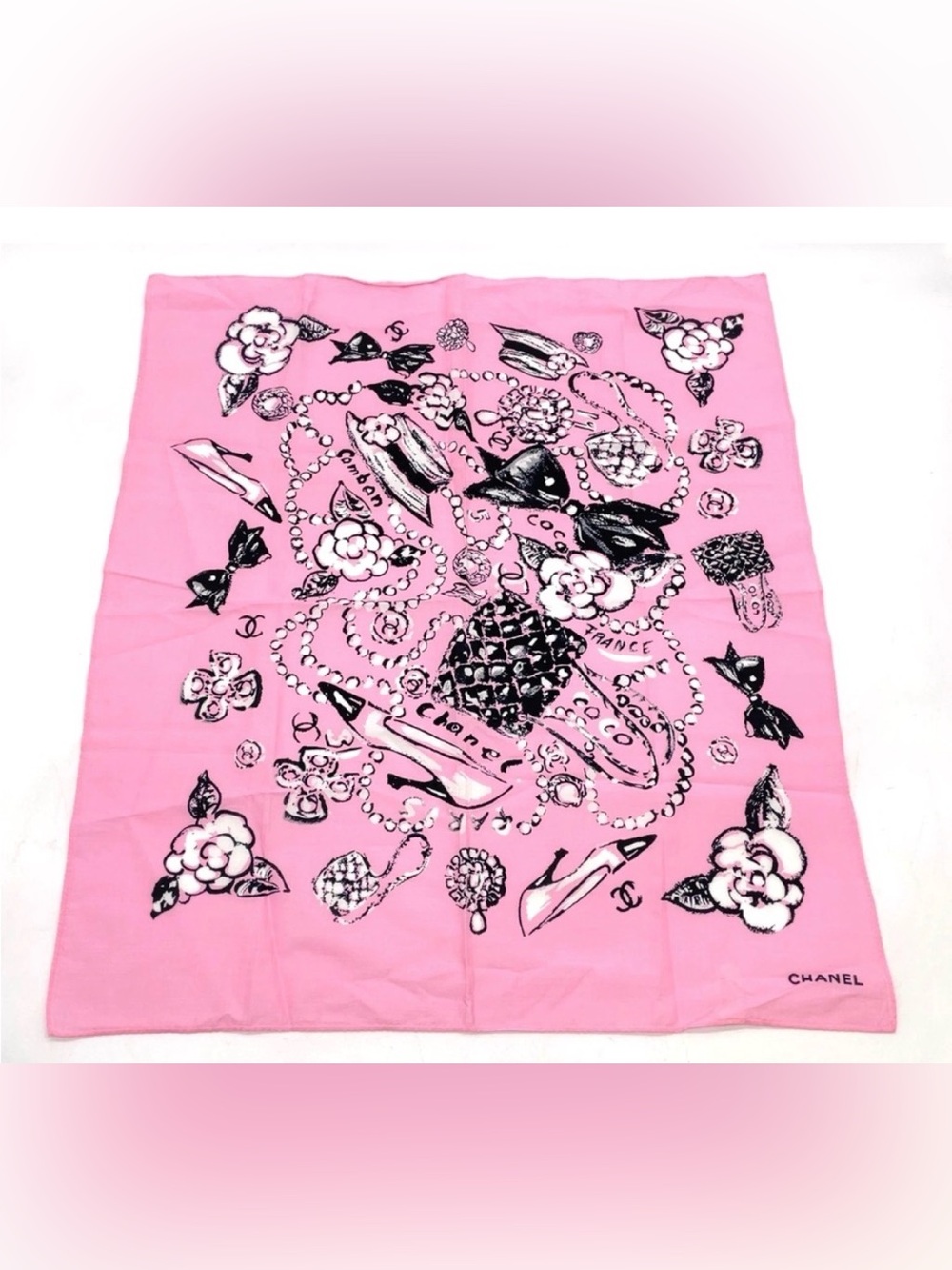 CHANEL 93P Pink Cotton Scarf Camellia Pearls Bows Classic Flap Bag Sketch Motifs